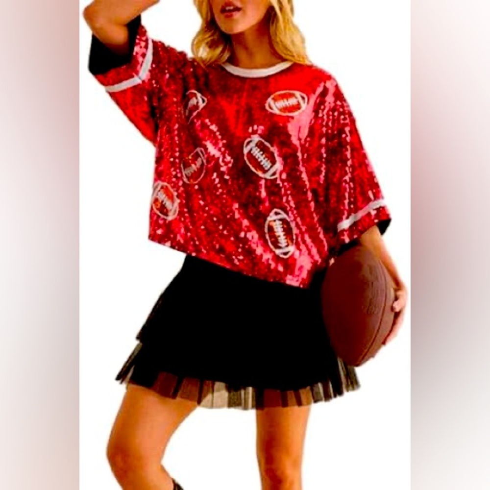Womens Sequins T-shirt Short Sleeve Crewneck Pullover. Sz Medium, red